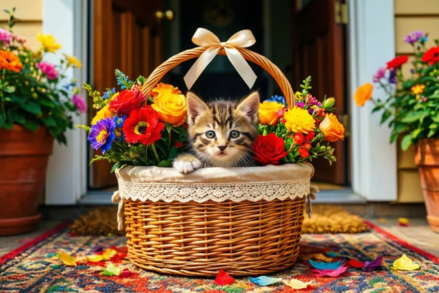 Een klein gestreept katje kijkt uit een rieten mand vol kleurrijke bloemen op een tapijt met een patroon bij een drempel.
