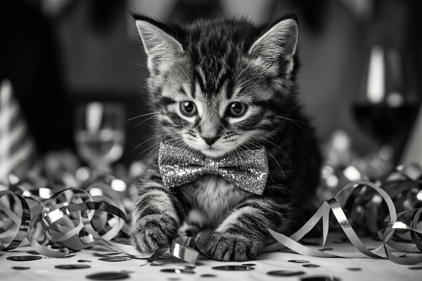Een klein gestreept katje met een glinsterend strikje zit op een tafel vol zilveren serpentines en confetti op een zwart-witfoto.