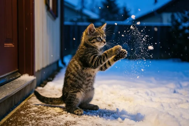 Sneeuwpret met een klein katje