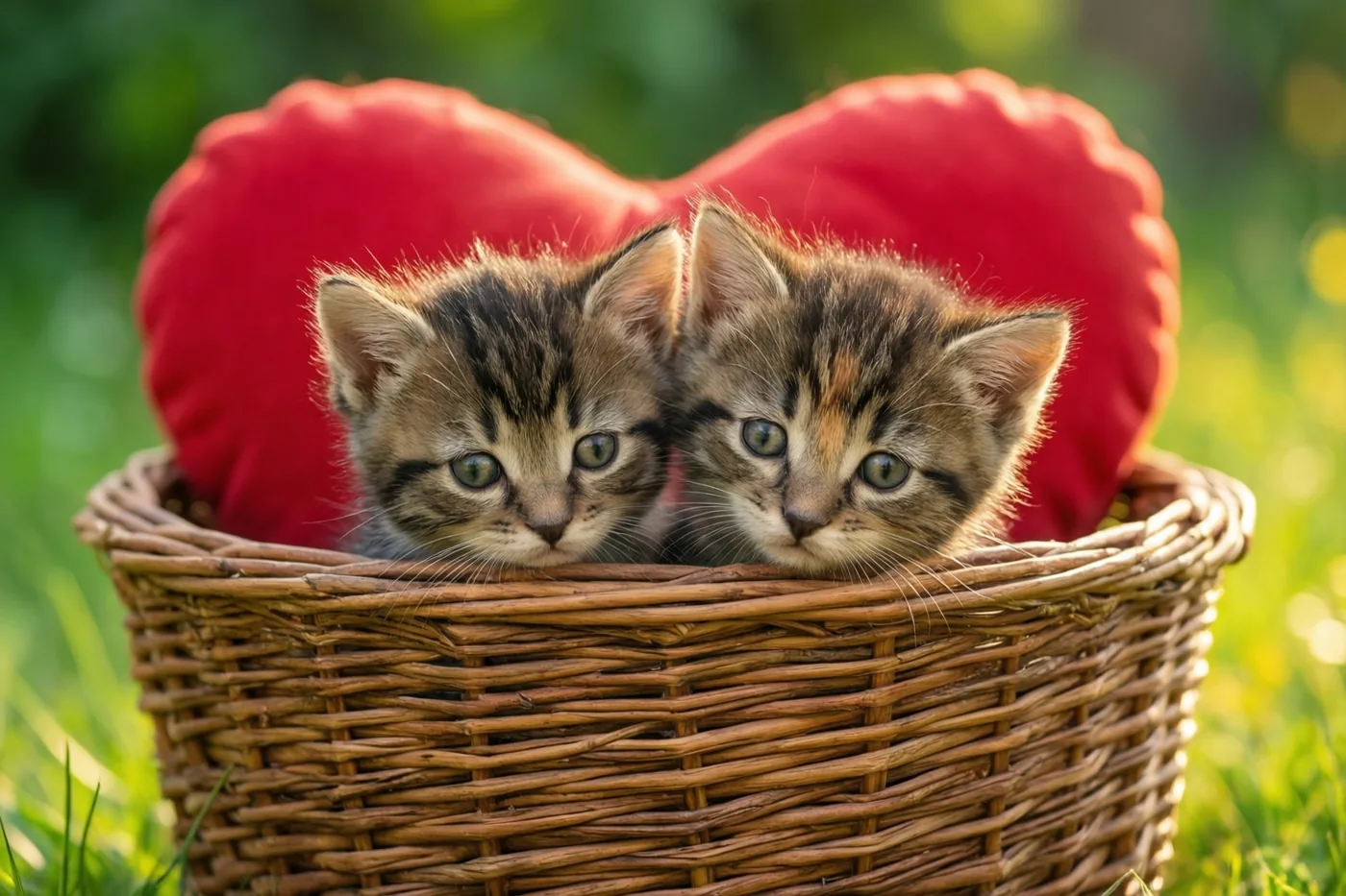 Twee gestreepte katjes kijken over de rand van een rieten mand met een rood hartvormig kussen op groen gras in de felle zon.