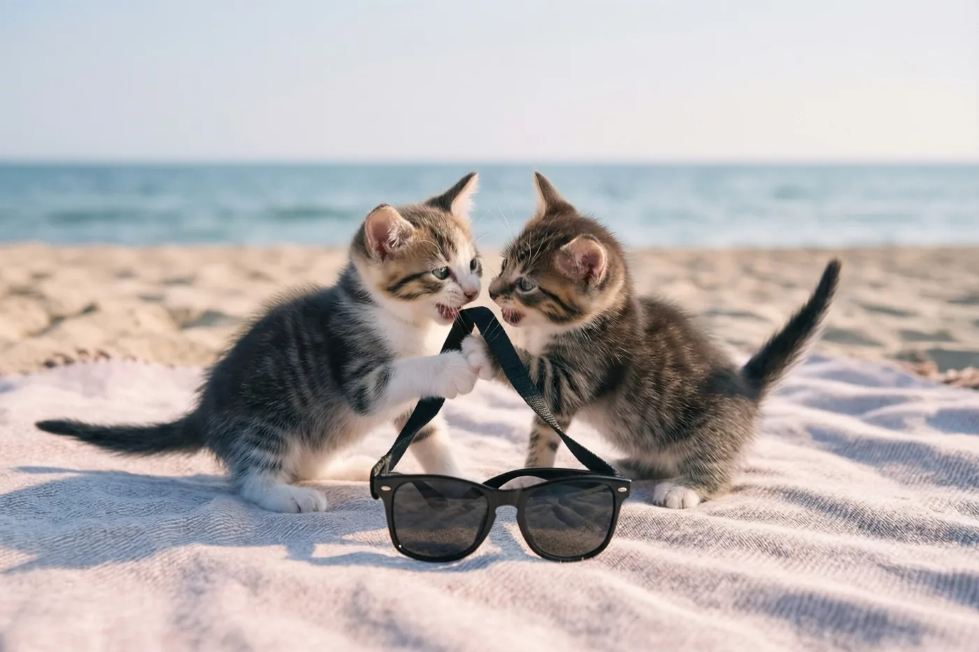 Twee gestreepte katjes spelen met het koordje van een zwarte zonnebril op een lichte stranddeken, met zand, zee en een heldere hemel op de achtergrond.