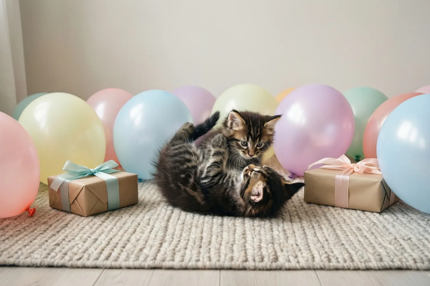 Twee gestreepte kittens stoeien op een beige tapijt tussen pastelkleurige ballonnen en ingepakte cadeaudozen in zacht licht.