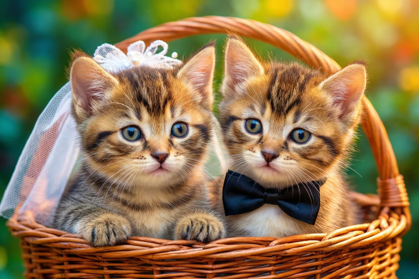 Twee gestreepte kittens zitten in een rieten mand, het ene met een witte sluier en het andere met een zwart strikje, voor een wazige tuinachtergrond in groen en geel.