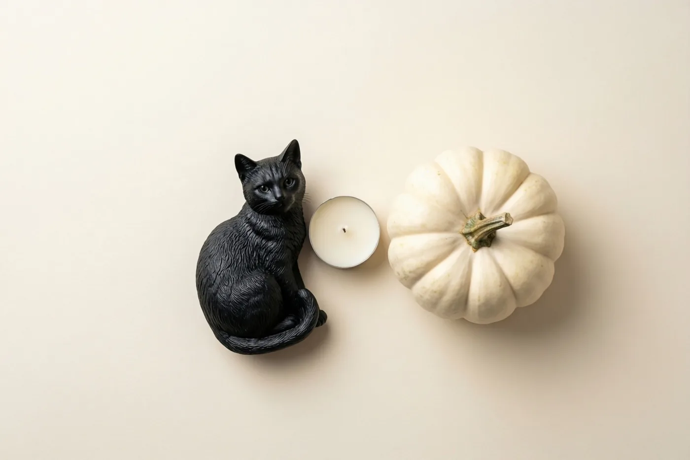 Een slank zwart kattenbeeldje staat samen met een witte kaars en een witte pompoen op een effen beige ondergrond.