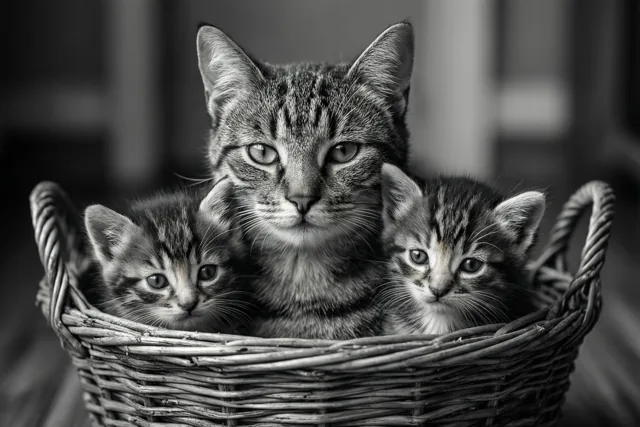 Een moederkat en twee kittens zitten dicht bij elkaar in een rieten mand en kijken naar de camera op een zwart-witfoto.