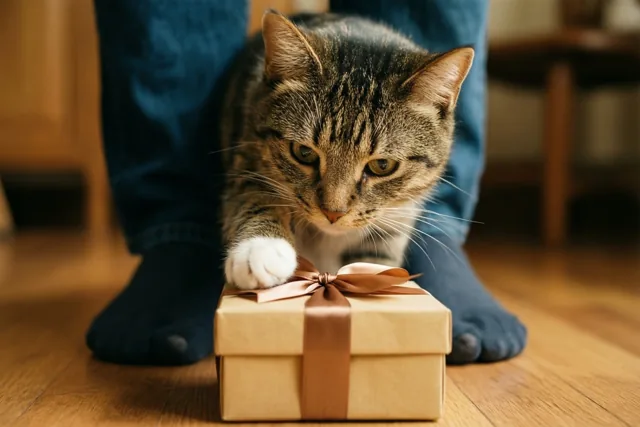Een gestreepte kat drukt een wit pootje op een cadeaudoosje met bruin lint bij iemand met een blauwe jeans en donkere sokken op een houten vloer.