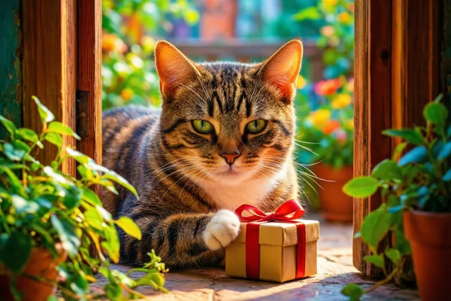 Een gestreepte kat met groene ogen legt een poot op een gouden cadeaudoosje met een rood lint op een stenen vensterbank, tussen groene potplanten in warm zonlicht met een wazige tuin op de achtergrond.