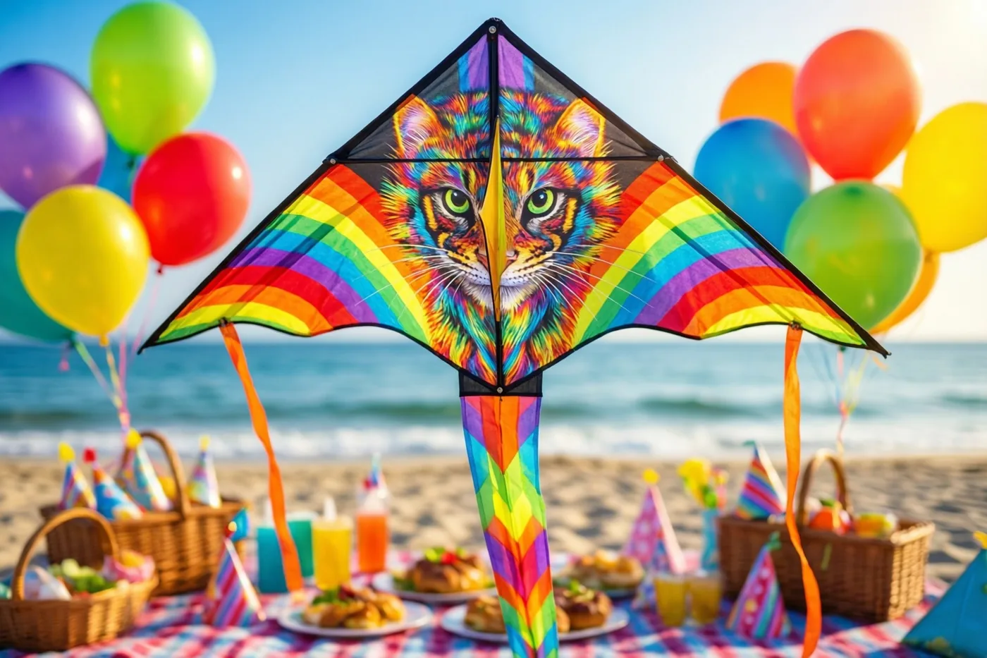 Een regenboogkleurige vlieger met een kattengezicht ligt op een picknickdeken op het strand tussen kleurrijke ballonnen en feesthoedjes, met de zee en de lucht op de achtergrond.