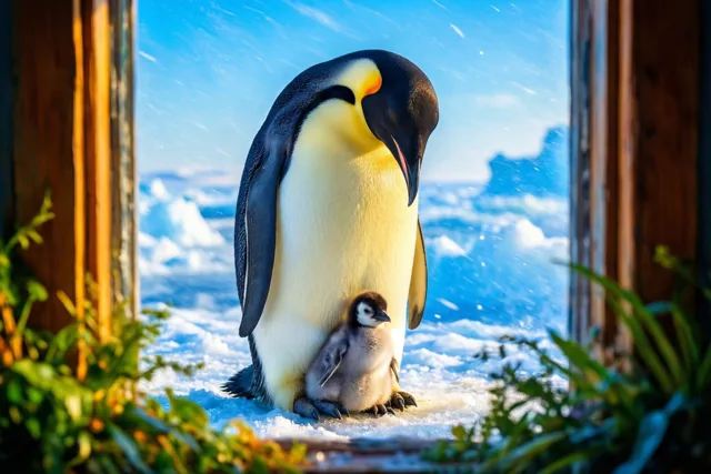Door een raam met een houten kader zie je een volwassen keizerspinguïn met een donzig kuiken tegen zijn poten, in een landschap van sneeuw en ijs onder een helderblauwe hemel.