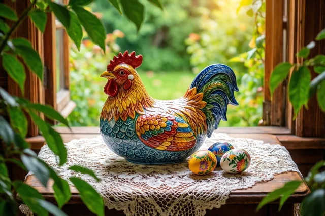 Een kleurrijke keramieken eierschaal in de vorm van een haan staat met drie beschilderde paaseieren op een kanten kleedje op een houten vensterbank, met groen eromheen en een onscherpe tuin achter het raam.