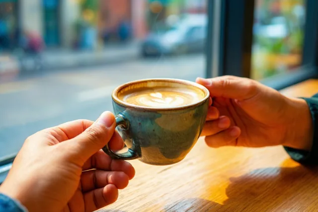 Twee handen houden een keramieken koffiekop met latte art vast bij een caféraam, met een onscherp straatbeeld buiten en warme bruine, blauwe en beige tinten.