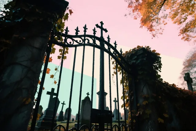 Een ijzeren poort van een oud kerkhof met oranje en gele klimop staat onder een zachtroze en blauwgroene hemel.