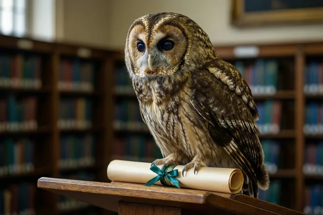 Een kerkuil zit op een opgerold diploma met een groen lint op een houten lessenaar in een bibliotheek, in bruine, beige en donkergroene tinten.