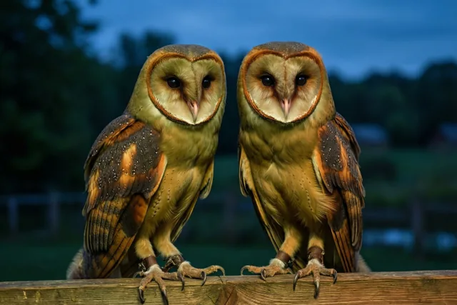 Twee kerkuilen zitten naast elkaar op een verweerde houten balk, met warm licht op hun goudbruine veren en hartvormige gezichten tegen een blauwe schemerlucht.