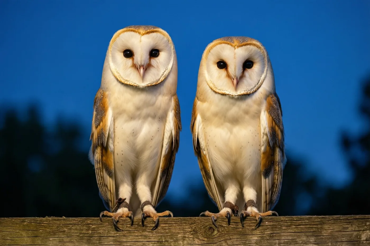 Twee kerkuilen met witte en geelbruine veren zitten naast elkaar op een verweerde houten balk tegen een diepblauwe schemerlucht.