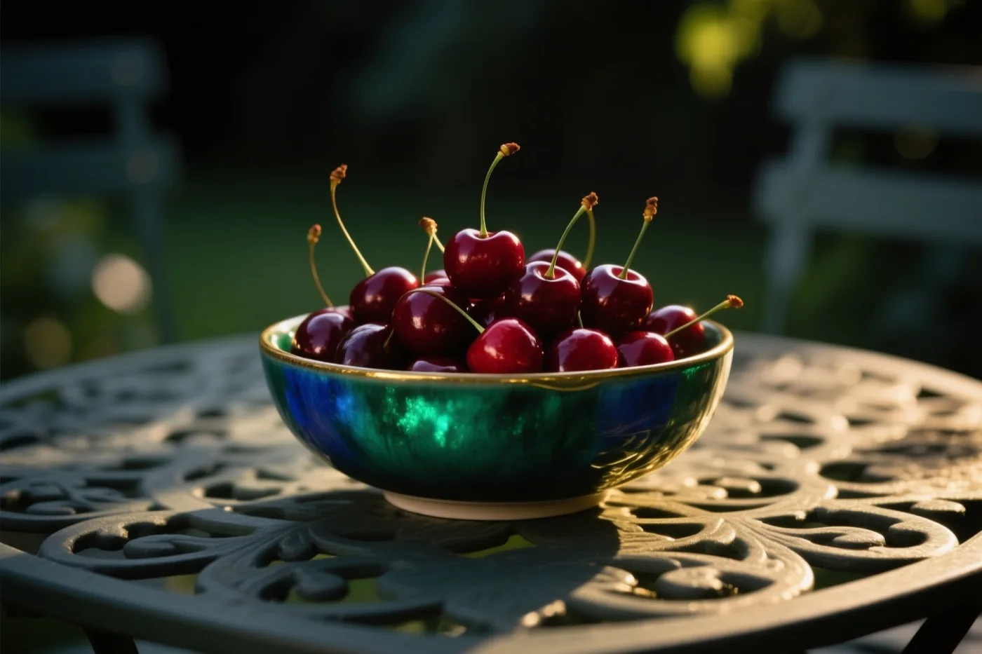 Een kom glanzende rode kersen staat op een sierlijke metalen tuintafel in warm zonlicht, met een wazige groene achtergrond.