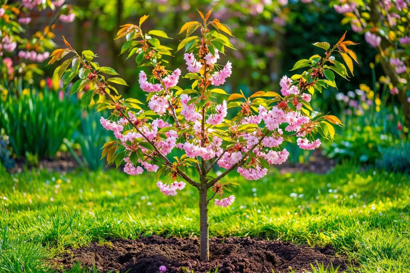 Een jonge kersenboom met roze bloesems staat in donkere aarde in een weelderig groene tuin in fel zonlicht.