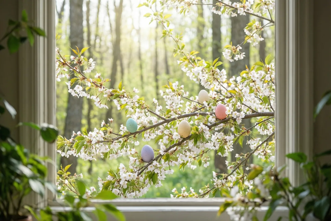 Een kersentak met witte bloesems en pastelkleurige paaseieren steekt door een raam, omringd door kamerplanten en met een zonnig bos op de achtergrond.