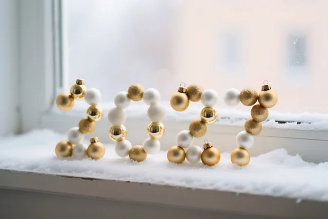 Gouden en witte kerstballen vormen 2027 op een besneeuwde vensterbank in zacht licht met een onscherpe achtergrond.