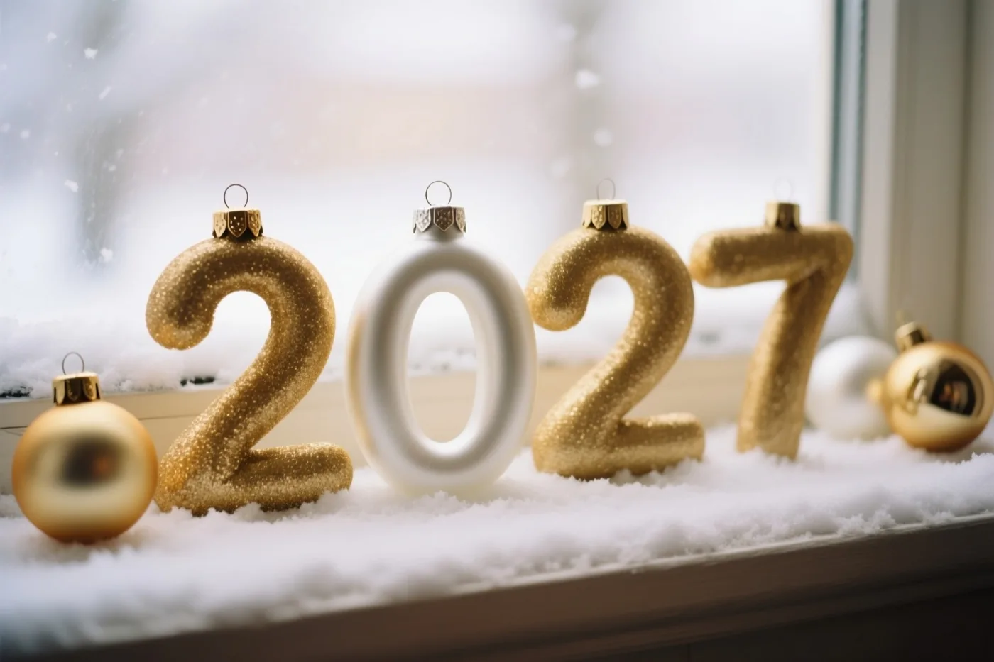 Gouden en witte kerstballen vormen 2027 op een besneeuwde vensterbank voor een onscherp raam met sneeuw.