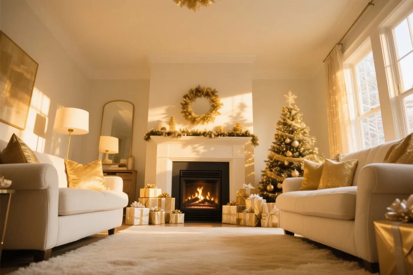Een brandende open haard en een versierde kerstboom met ingepakte cadeaus staan in een woonkamer met warm goudkleurig licht.