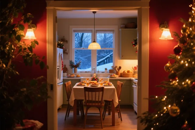 Door een deuropening zie je een warm verlichte keuken met rode muren, houten meubels en een gedekte tafel, met een versierde kerstboom vooraan en sneeuw achter het raam.