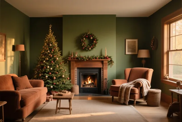 Een woonkamer met diepgroene muren en bruine meubels bevat een versierde kerstboom, een brandende haard en een zetel met een deken, verlicht door raamlicht en vuur.
