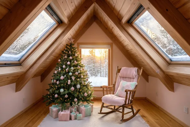 Een warm verlichte zolderkamer met schuine houten balken, zachte roze tinten en besneeuwde dakramen bevat een versierde kerstboom en een schommelstoel.