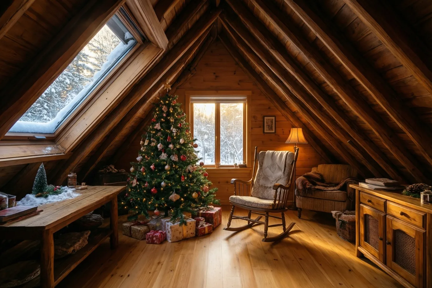Een warm verlichte zolderkamer met schuine houten balken bevat een versierde kerstboom met cadeaus eromheen, een schommelstoel en een dakraam met zicht op sneeuw.