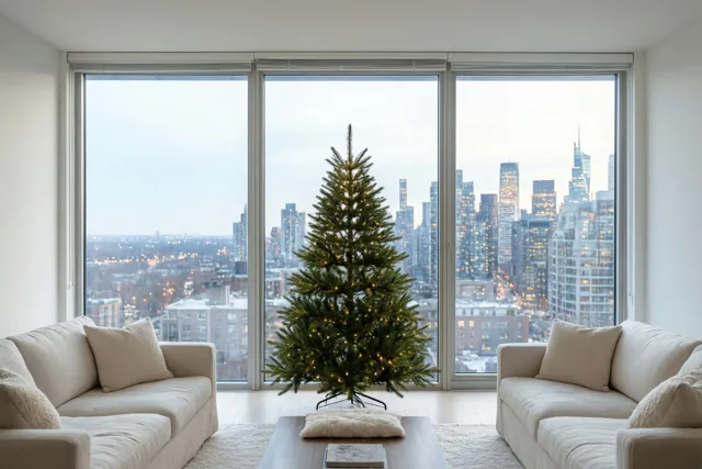 Een smalle kerstboom met warme lichtjes staat in een moderne woonkamer voor een kamerhoog raam met uitzicht op verlichte stadsgebouwen.