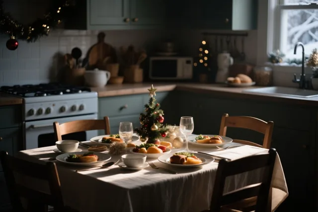 Winterzon valt op een gedekte keukentafel met een klein versierd kerstboompje, houten stoelen en feestelijke decoratie in zachte groene en witte tinten.