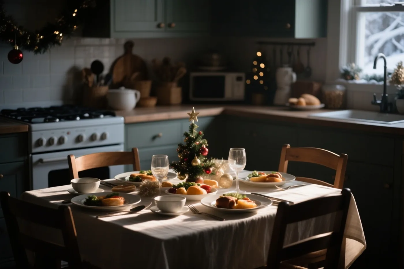 Winterzon valt op een gedekte keukentafel met een klein versierd kerstboompje, houten stoelen en feestelijke decoratie in zachte groene en witte tinten.