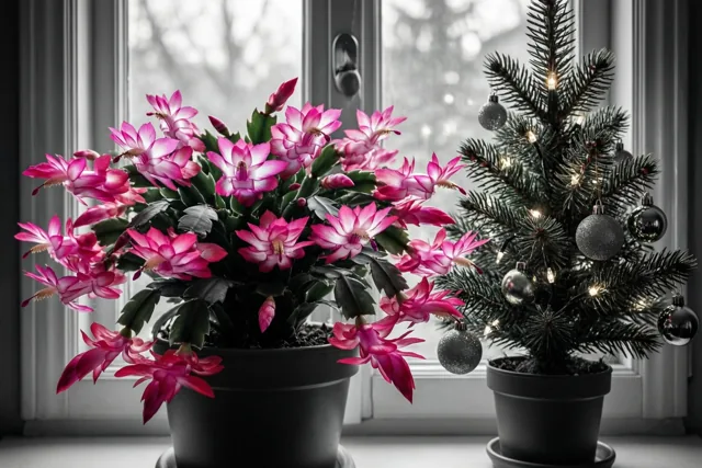 Een felroze kerstcactus in volle bloei staat op een vensterbank naast een klein dennenboompje met lichtjes en kerstballen.