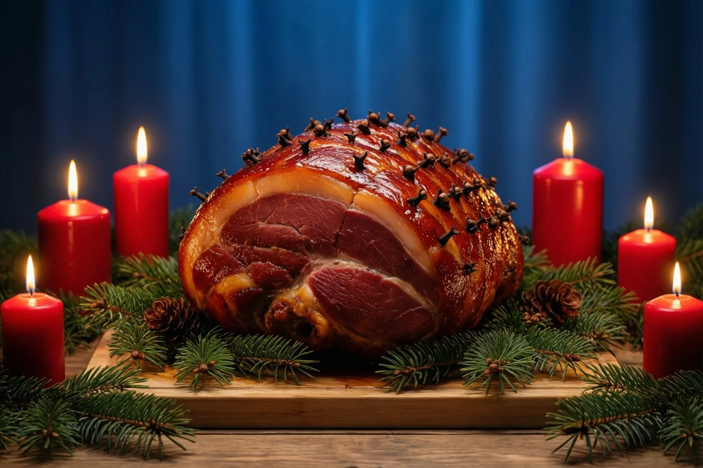 Een geglaceerde ham met kruidnagels ligt op een houten snijplank tussen dennentakjes en brandende rode kaarsen voor een diepblauw gordijn.