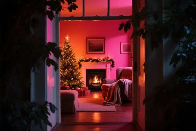 Door een deuropening is een woonkamer te zien met een versierde kerstboom, een brandende haard en een zetel met een deken, in warm rood en roze licht.