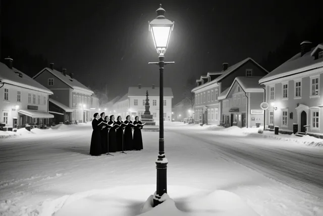 Een groep kerstzangers in donkere gewaden staat 's nachts onder een felle straatlamp op een besneeuwd dorpsplein met besneeuwde daken, weergegeven in monochrome tinten.