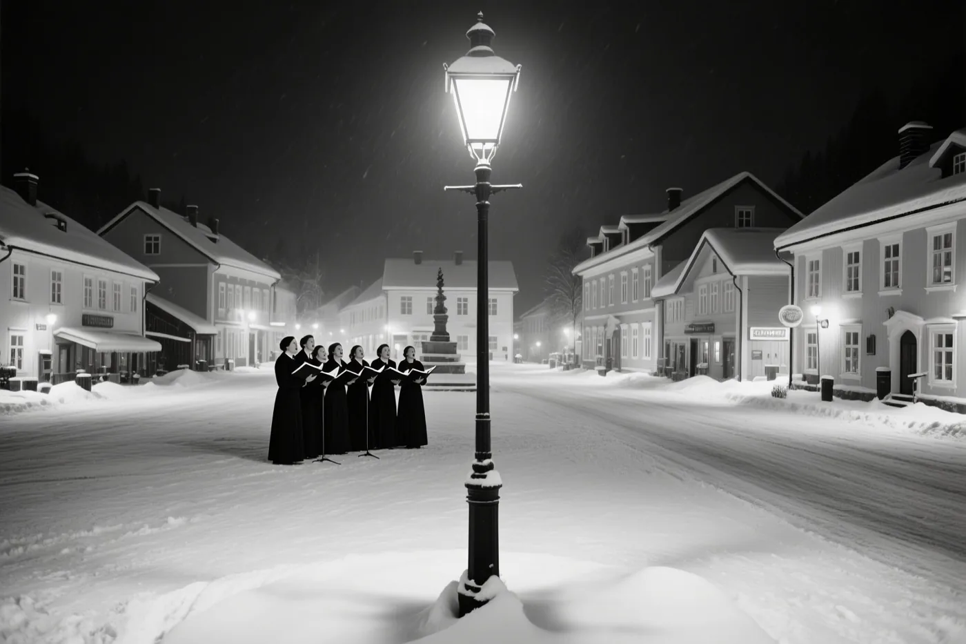 Een groep kerstzangers in donkere gewaden staat 's nachts onder een felle straatlamp op een besneeuwd dorpsplein met besneeuwde daken, weergegeven in monochrome tinten.