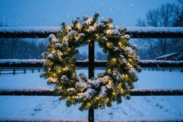 Een besneeuwde kerstkrans met warme lichtjes hangt aan een zwart metalen hek onder een blauwe schemerlucht terwijl het sneeuwt.