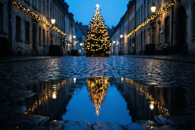 Een regenplas op donkere kasseien weerspiegelt een verlichte kerstboom en wazige straatlampen in een smalle straat bij valavond onder een koelblauwe lucht.