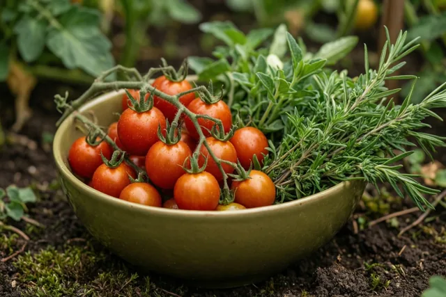 Een groene keramieken kom met pas geplukte kerstomaatjes en takjes rozemarijn staat op donkere aarde in een tuin.