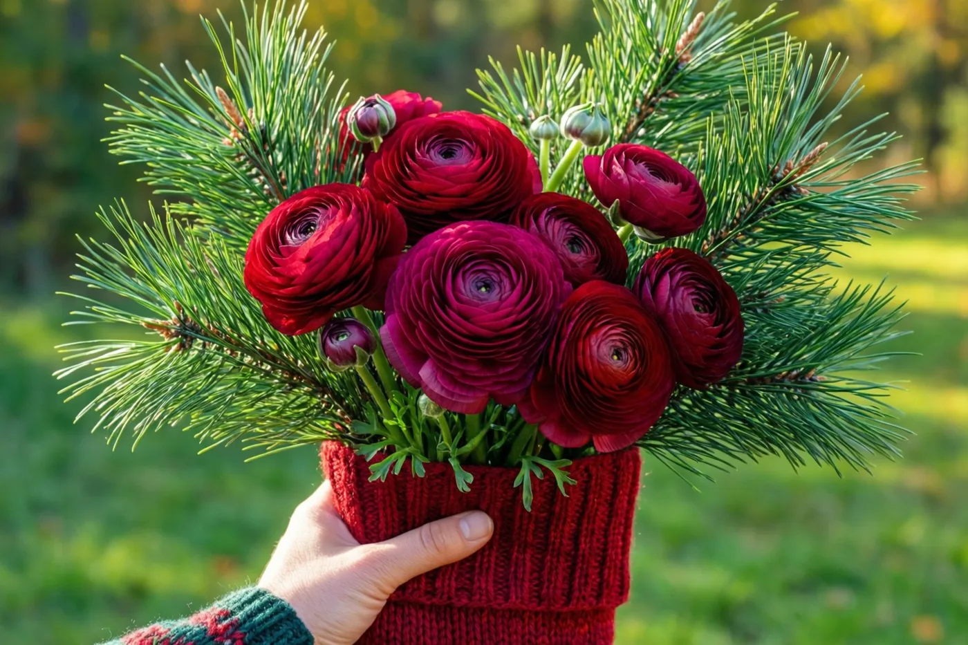 Een hand houdt een rode gebreide kerstsok met bordeauxrode ranonkels en groene dennentakjes vast in een zonnige tuin met een onscherpe groene achtergrond.
