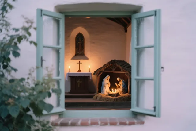 Door een open raam is een warm verlichte kerk te zien met een kerststal met figuren naast een altaar, in witte, blauwgroene en goudgele tinten.