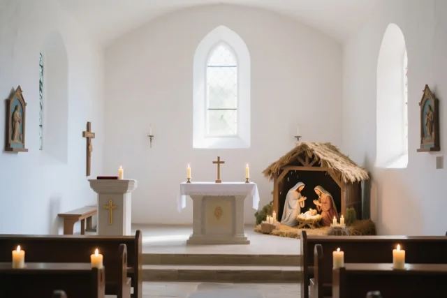 Een kerststal staat naast het altaar in een kerk met kaarsen, witte muren en houten kerkbanken, waar zacht daglicht door boogramen valt.