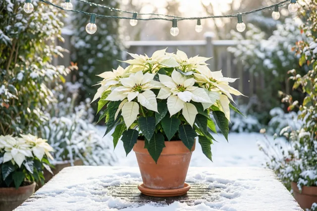 Witte kerststerren in een terracotta pot staan op een besneeuwde houten tuintafel onder brandende lichtslingers.