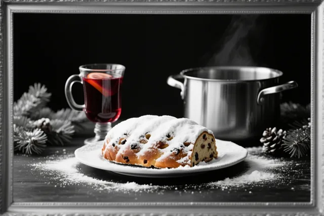 Binnen een zilverkleurige fotolijst staat een kerststol met poedersuiker op een wit bord naast een glas glühwein en een dampende pot, met dennentakken en dennenappels op een donker oppervlak tegen een zwarte achtergrond.