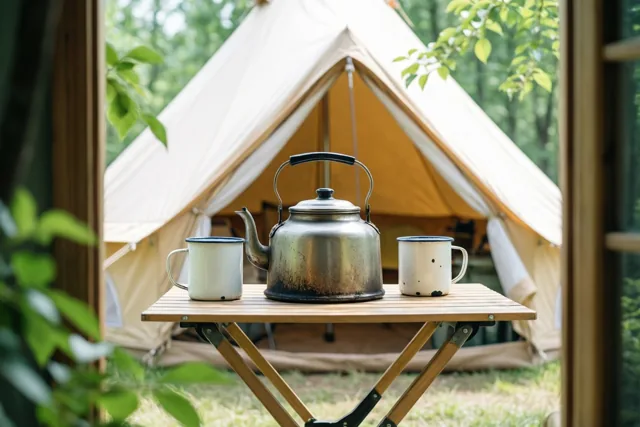 Een oude geëmailleerde ketel en twee tinnen mokken staan op een houten klaptafel voor een canvas tent in een groene bosrijke omgeving bij daglicht.