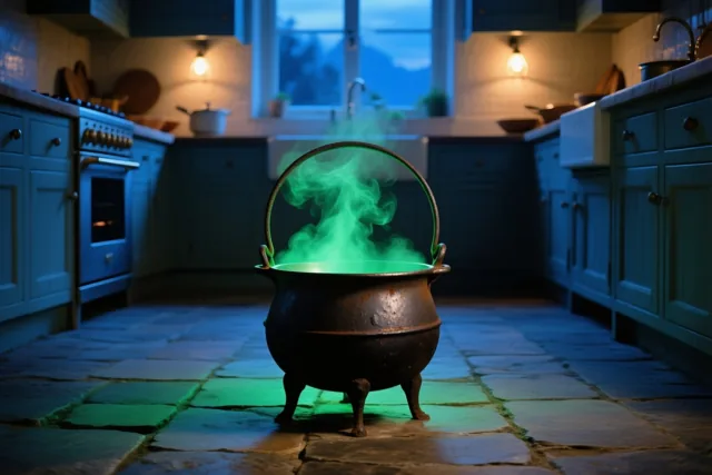 Uit een oude ijzeren ketel op een stenen keukenvloer stijgt groene nevel op, met blauwe kasten en warme verlichting onder de kasten op de achtergrond.