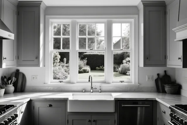Een zwart-witfoto toont een keuken met grijze kasten, een witte spoelbak en marmeren werkbladen rond een groot driedelig raam met zicht op een tuin.