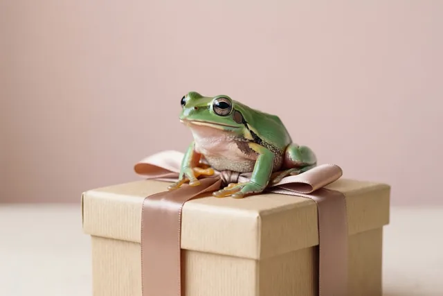 Een groene kikker zit op een beige cadeaudoosje met een mauve strik voor een zachte mauve achtergrond.