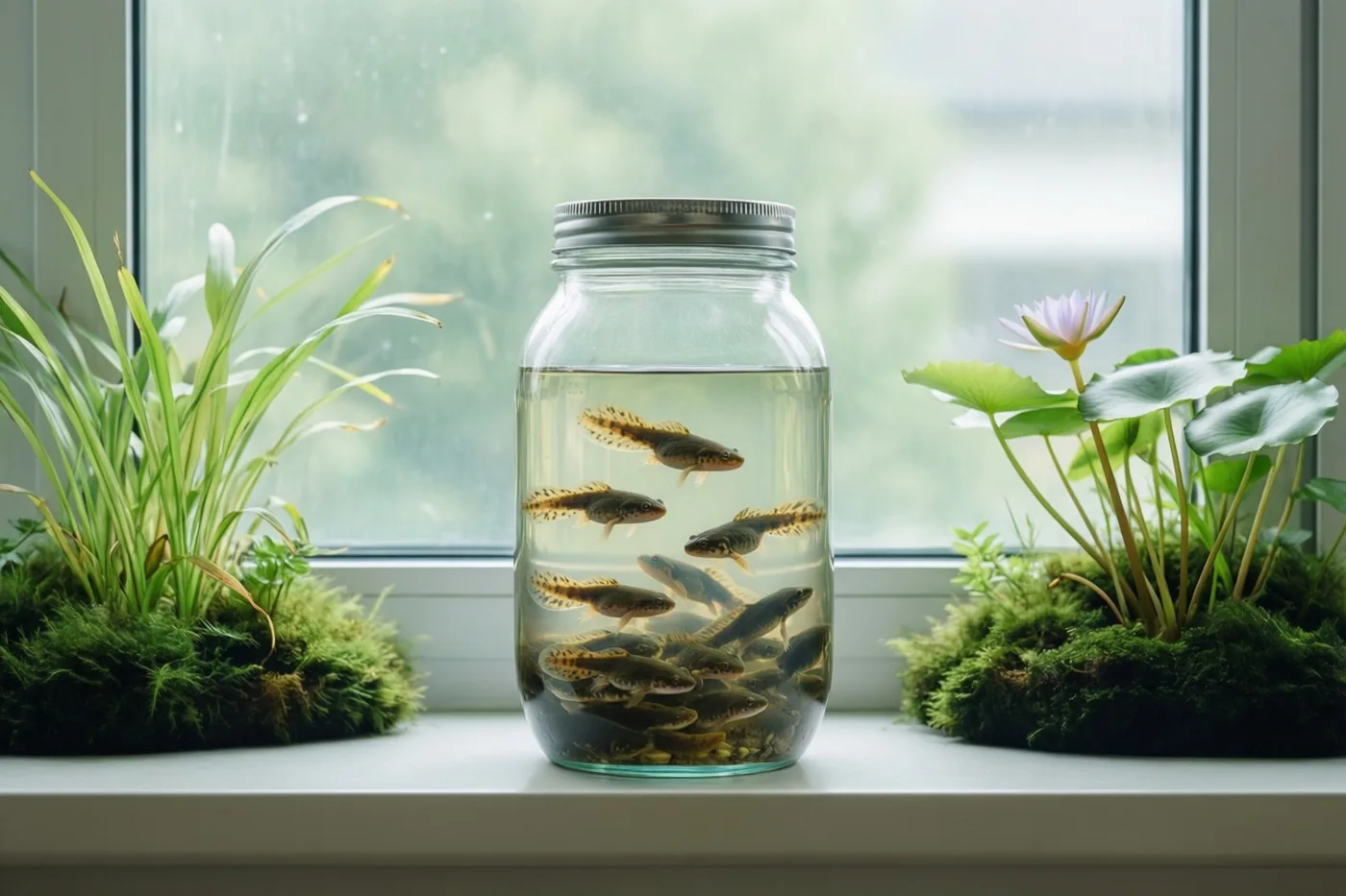 Een glazen pot met water en kikkervisjes staat op een vensterbank tussen bemoste plantenbakken met groen en een waterlelie.